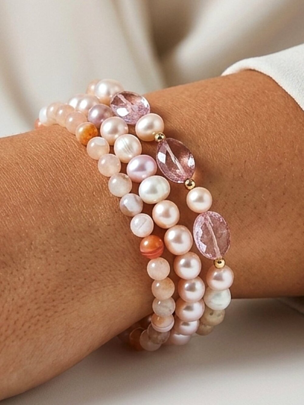 Dainty Bracelet Set, Pearl & Sakura Agate Gemstone Stretch Bracelet, OOAK